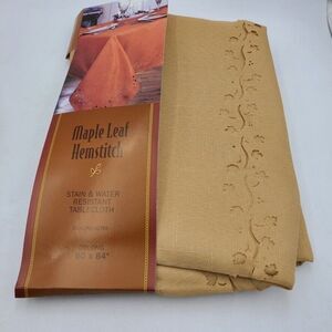 Vintage 90s Maple Leaf Hemstitch Tablecloth Gold Fabric Oblong 84 x 60  New